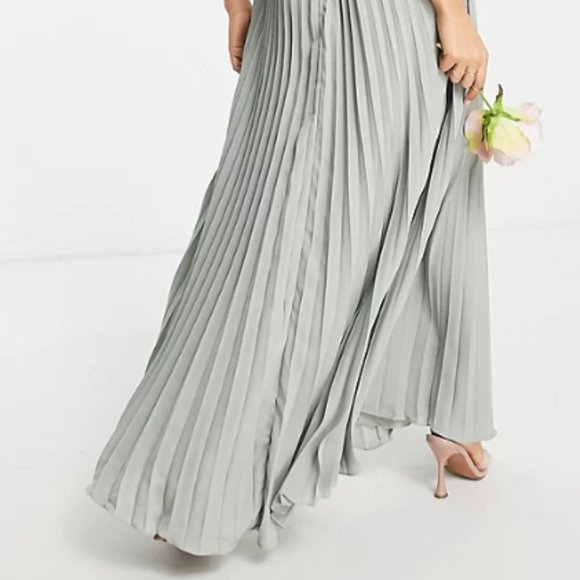 ASOS DESIGN Petite Bridesmaid pleated olive cami maxi dress & satin wrap waist - - Picture 7 of 7